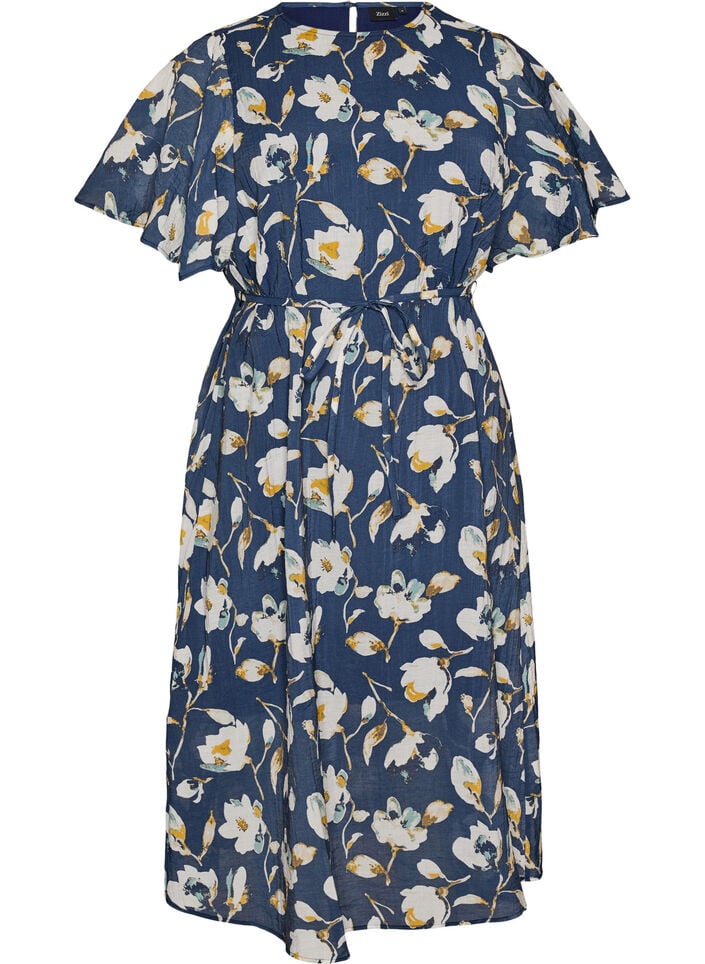 Nilkkapituinen mekko, jossa on hulmuavat hihat ja solmittava vy&ouml;t&auml;r&ouml;, Sininen, Packshot image number 0