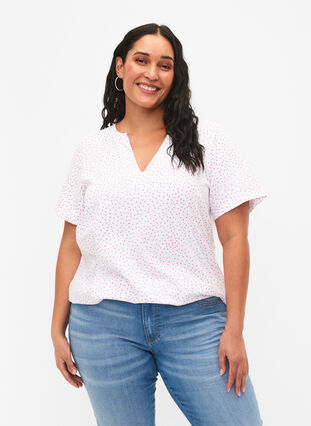 Puuvillainen T-paita pilkuilla ja v-pääntiellä, B.White/S. Pink Dot, Model image number 0