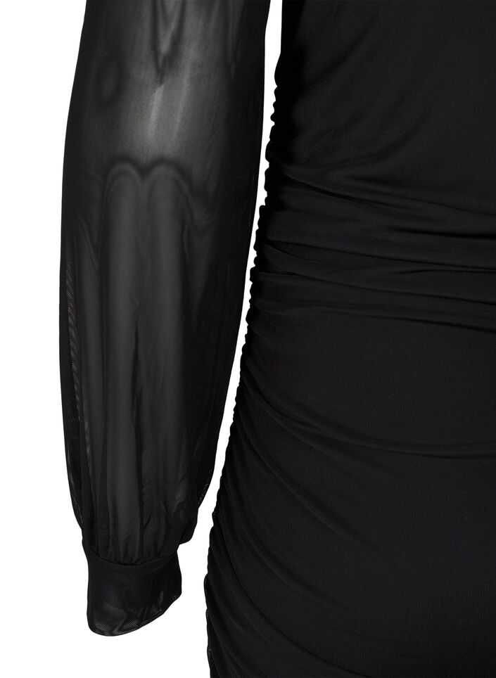 Midimittainen verkkomekko laskoksilla, Black, Packshot image number 2