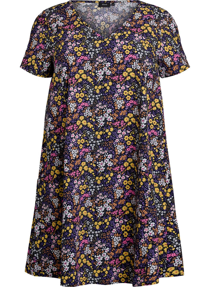 Lyhyt a-linjainen mekko kukkakuviolla, Sininen, Packshot image number 0