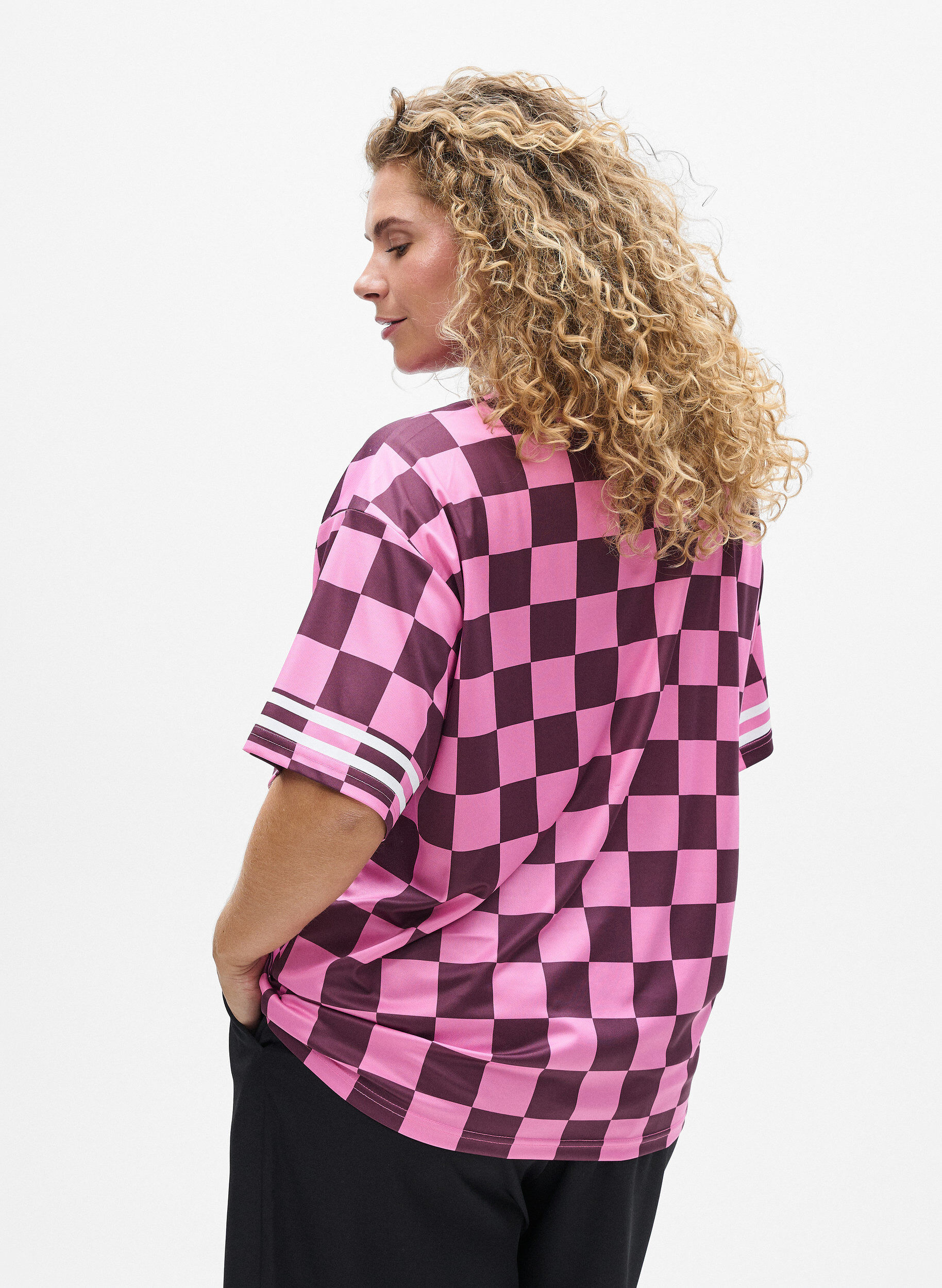 Zizzi Urheilullinen T-paita ruutukuvioilla ja tekstiprintill&auml;, Punainen, Model image number 2