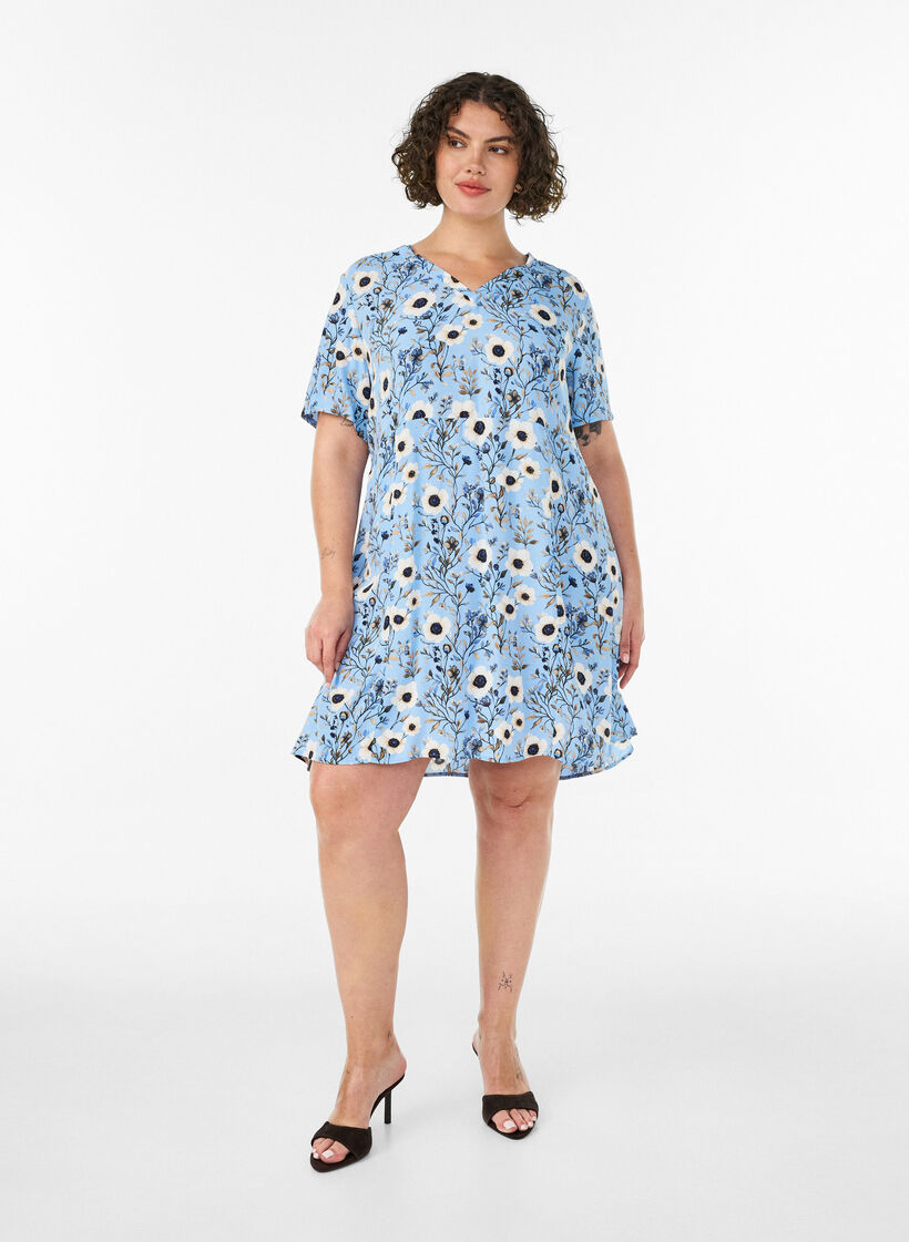 Lyhyt mekko kukkakuviolla, Sininen, Model image number 1