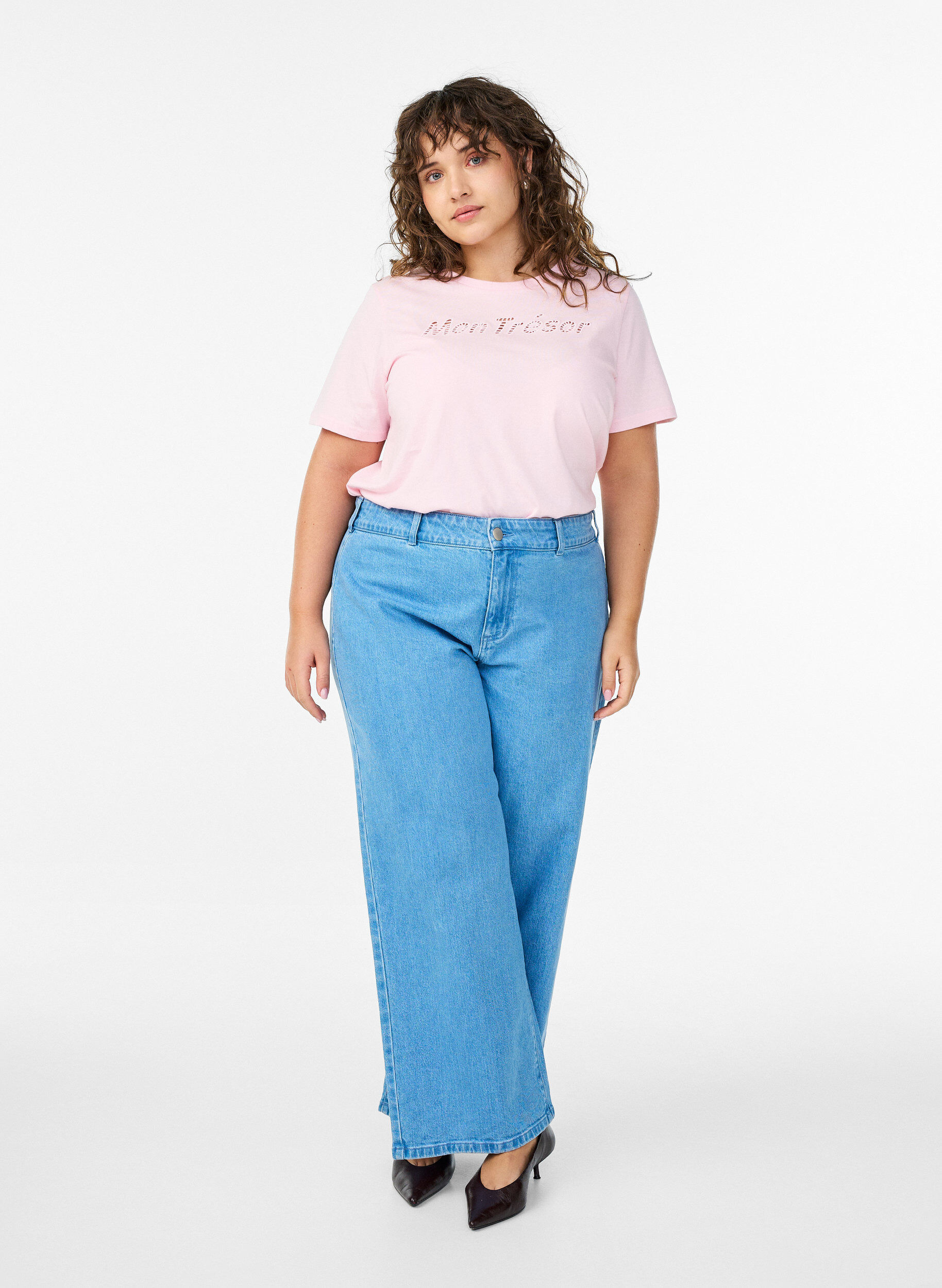 Zizzi Puuvillapaita koristeellisella etudetaljilla, Vaaleanpunainen, Model image number 1