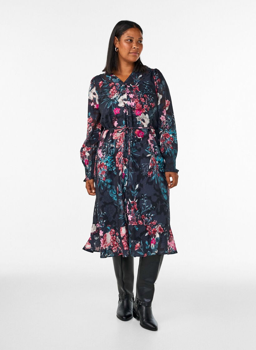 Kukkakuvioinen midimekko kudotulla tekstuurilla ja vy&ouml;ll&auml;, Musta, Model image number 0
