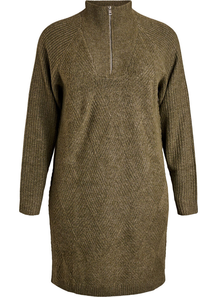 Polvimittainen neulemekko korkealla kauluksella, Vihreä, Packshot image number 0