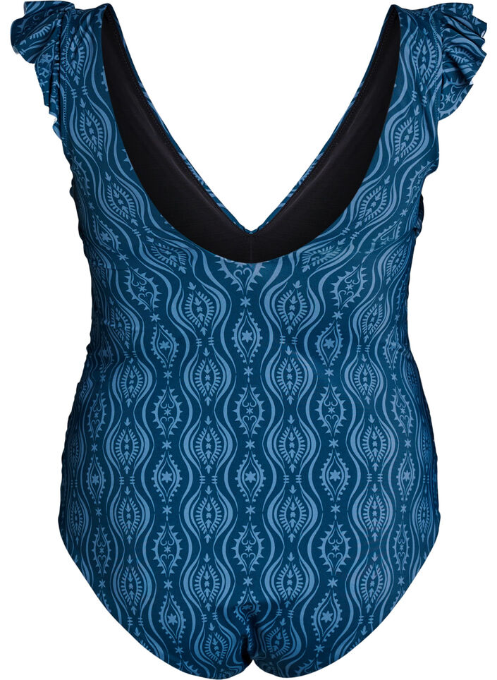 Kuvioitu uimapuku, jossa on röyhelöitä ja laskoksia, Sininen, Packshot image number 1