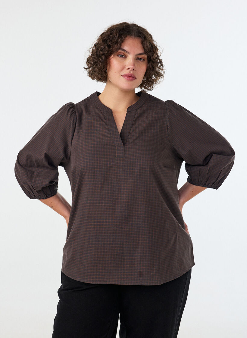 Ruudullinen pusero V-p&auml;&auml;ntiell&auml; ja 3/4-hihoilla, Ruskea, Model image number 0