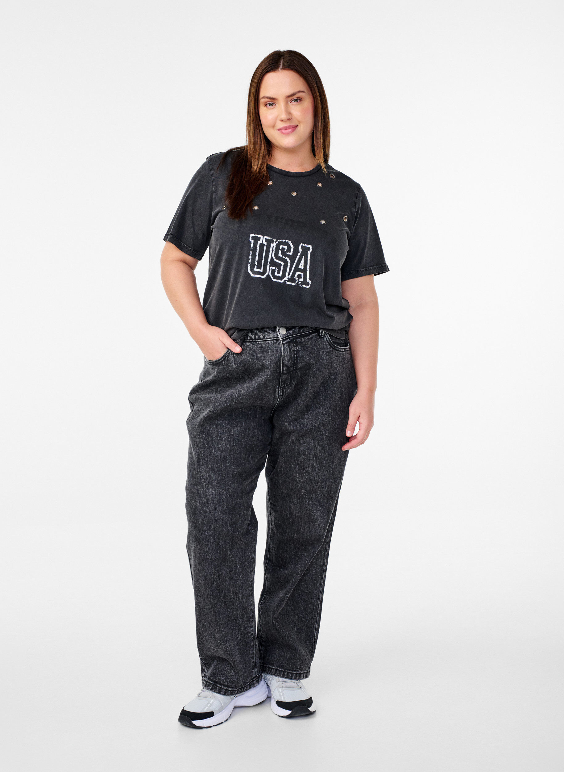 Zizzi T-paita silmukoin ja printill&auml;, Grey Washed , Model image number 2