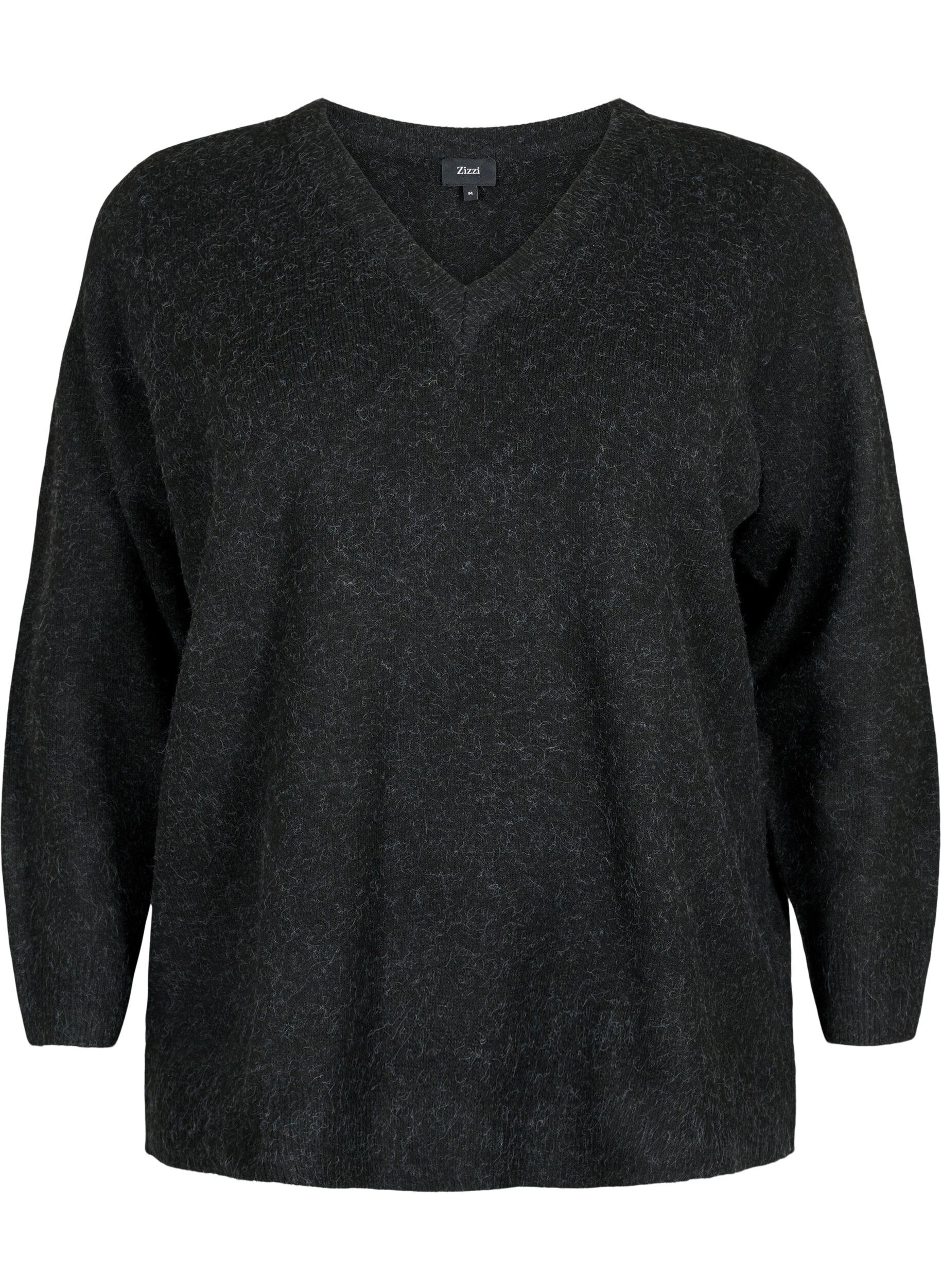 ZizziMelange V-p&auml;&auml;ntiellinen neulepusero, Dark Grey Melange, Packshot image number 0