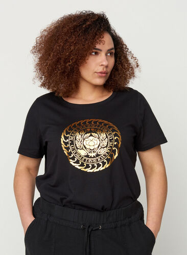 Puuvillainen t-paita kullanvärisellä painatuksella , Black, Model image number 0