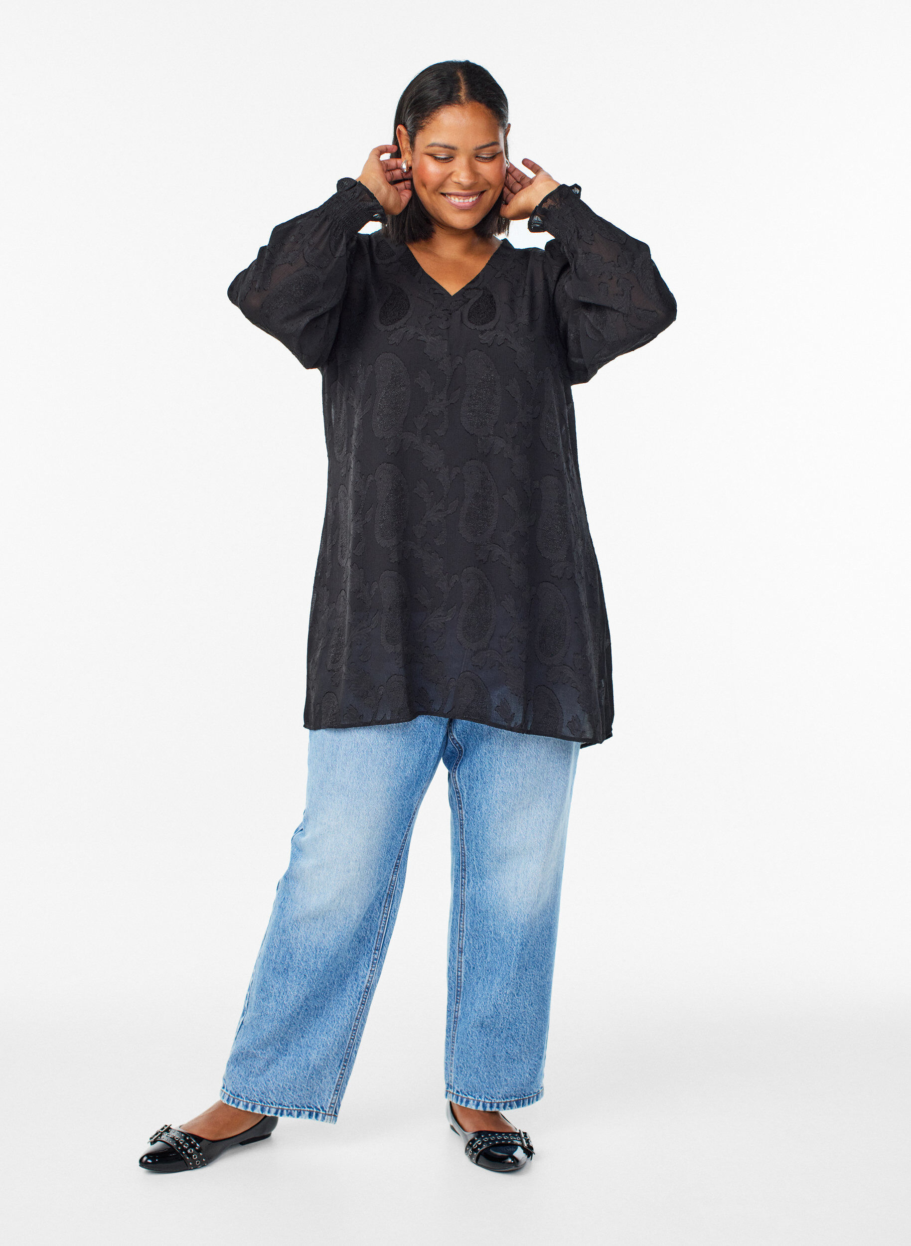 Zizzi Tunika paisley-kuviolla ja pitk&auml;t hihat, Musta, Model image number 1