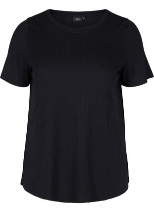 Yksivärinen ribattu t-paita lyhyillä hihoilla, Black, Packshot image number 0