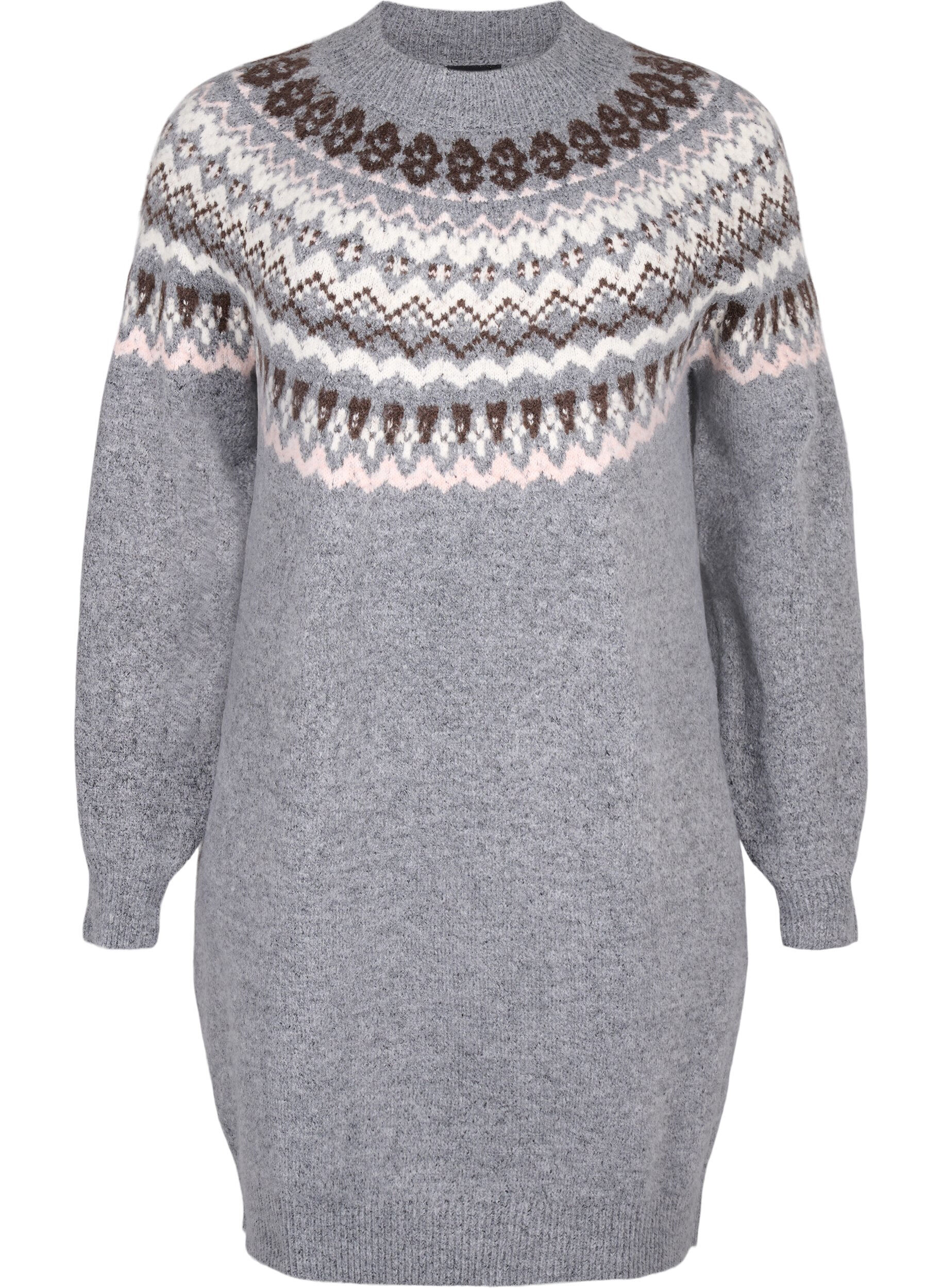 Zizzi Neulemekko jacquard-kuviolla ja pitkilla hihoilla, Medium Grey Comb, Packshot image number 0