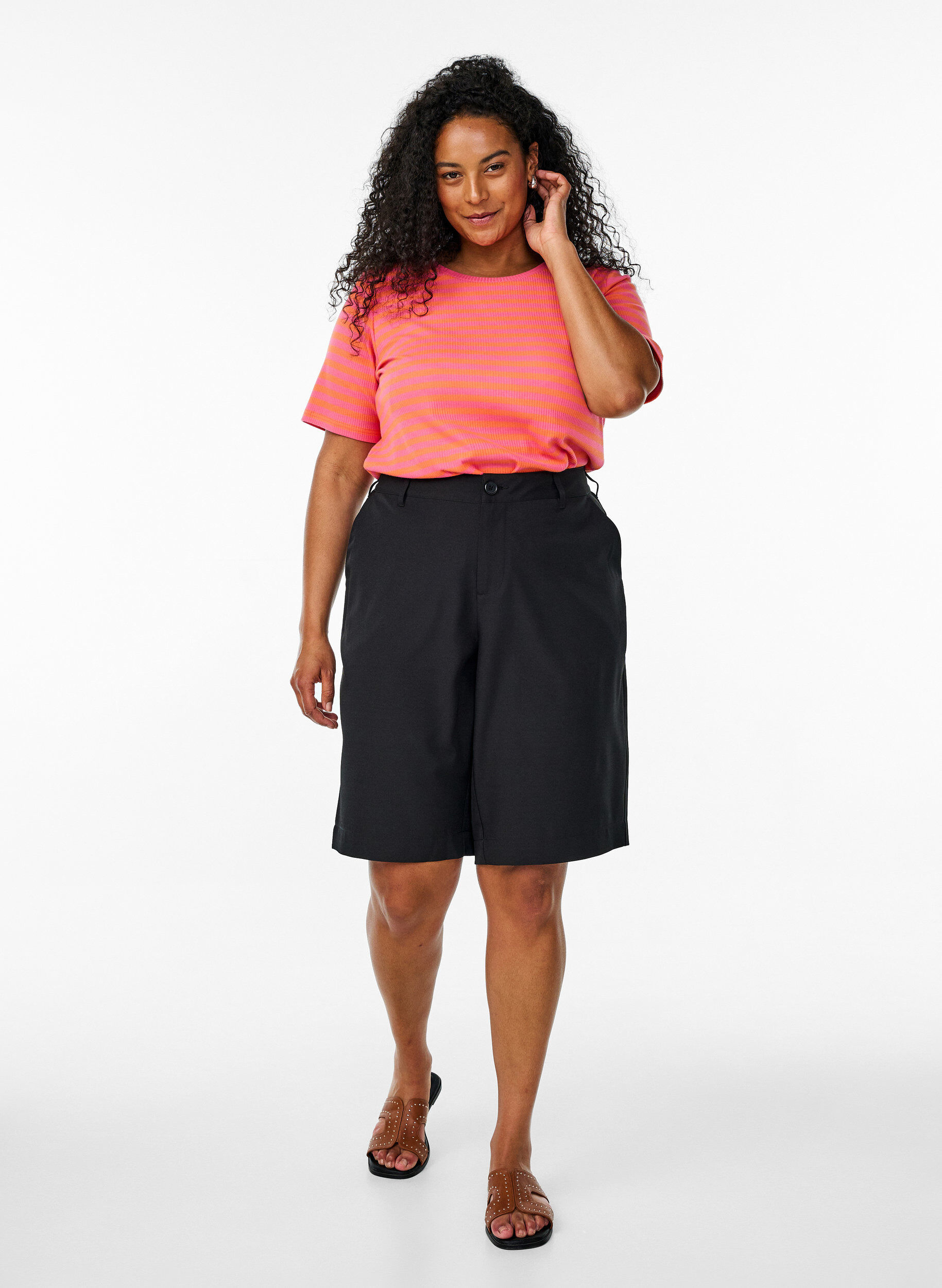 Zizzi Raidallinen ribattu T-paita, Oranssi, Model image number 1