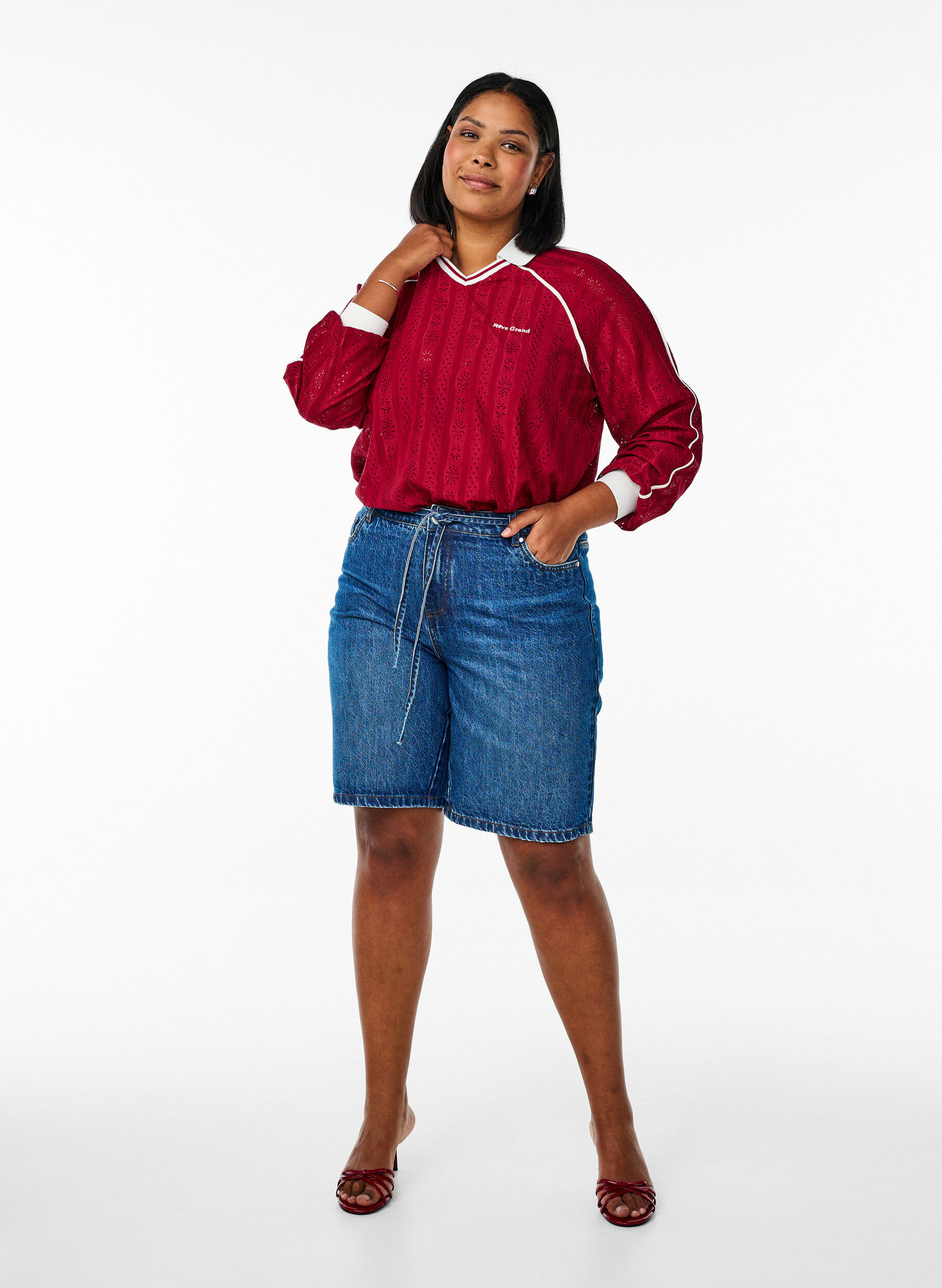 Zizzi Ribattu jersey-paita kontrastiyksityiskohdilla, Punainen, Model image number 1