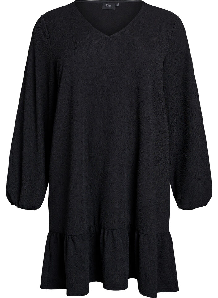 Lyhyt teksturoitu mekko röyhelöhelmalla, Musta, Packshot image number 0