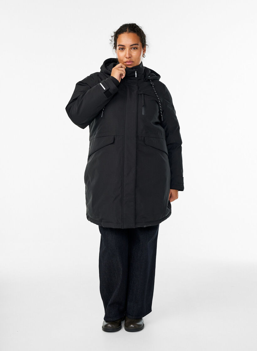 Vett&auml;hylkiv&auml; parka hupulla ja k&auml;yt&auml;nn&ouml;llisill&auml; yksityiskohdilla, Musta, Model image number 1