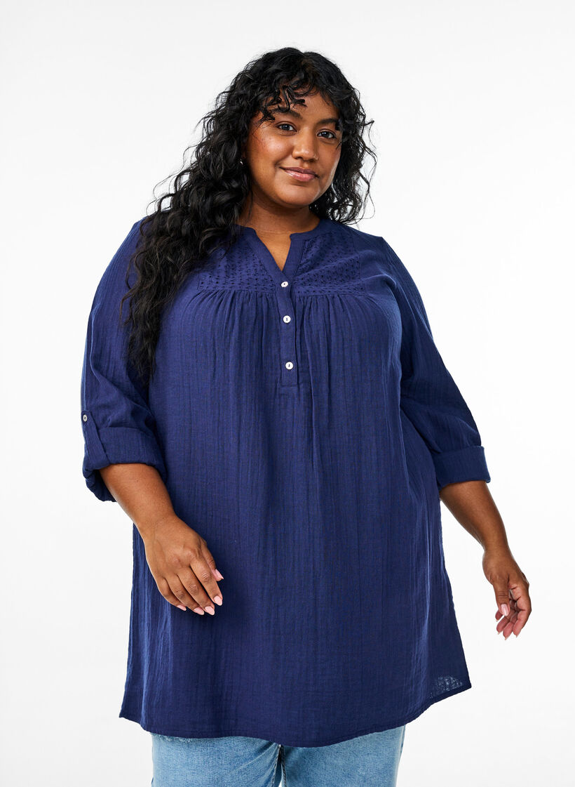 Puuvillamusliinitunika brodeeratulla pitsill&auml;, Sininen, Model image number 0