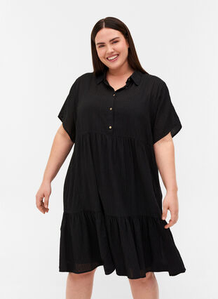 Raidallinen mekko puuvillasekoitetta, Black, Model image number 0