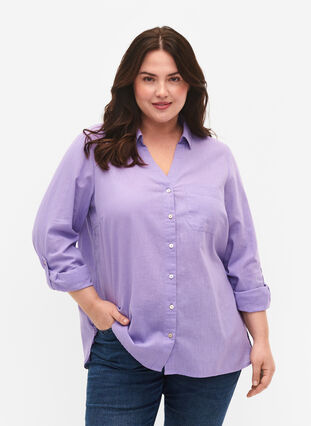 Puuvilla-pellavasekoitteinen paitapusero, jossa on napitus, Lavender, Model image number 0