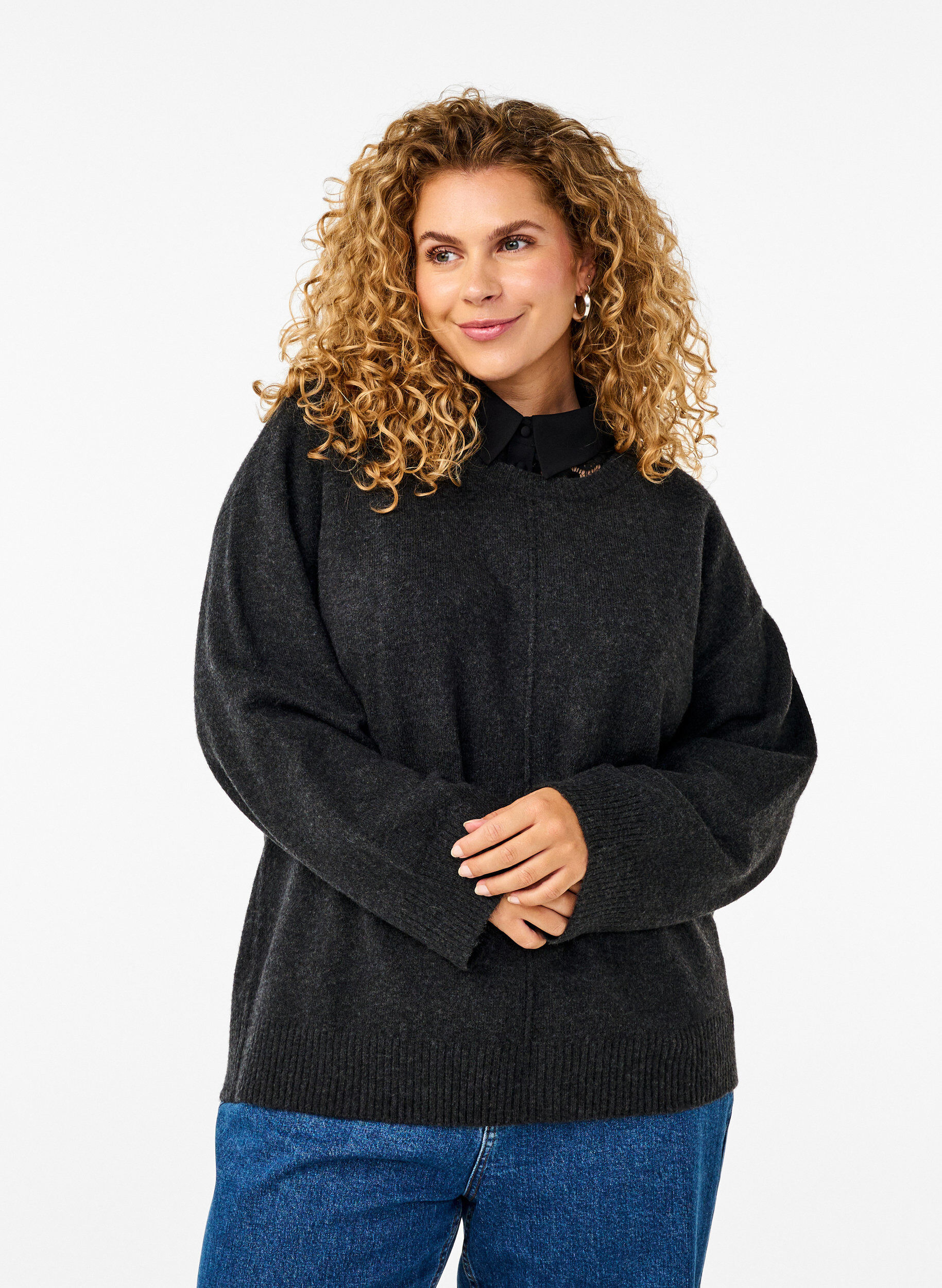 Zizzi Neulepusero, jossa on py&ouml;re&auml; p&auml;&auml;ntie ja keskisauma, Dark Grey Melange, Model image number 0