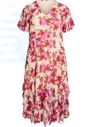 Kukkakuvioinen sifonkimekko r&ouml;yhel&ouml;yksityiskohdilla ja V-p&auml;&auml;ntiell&auml;, 9990