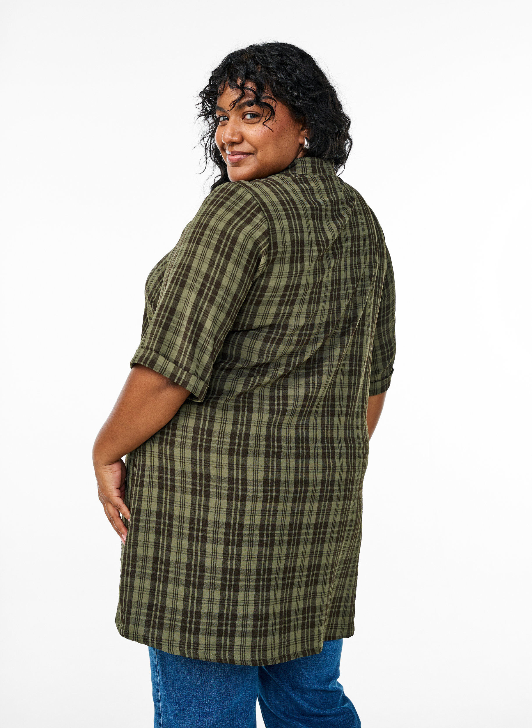 Zizzi Ruutukuvioinen tunika lyhyill&auml; hihoilla, Vihre&auml;, Model image number 2