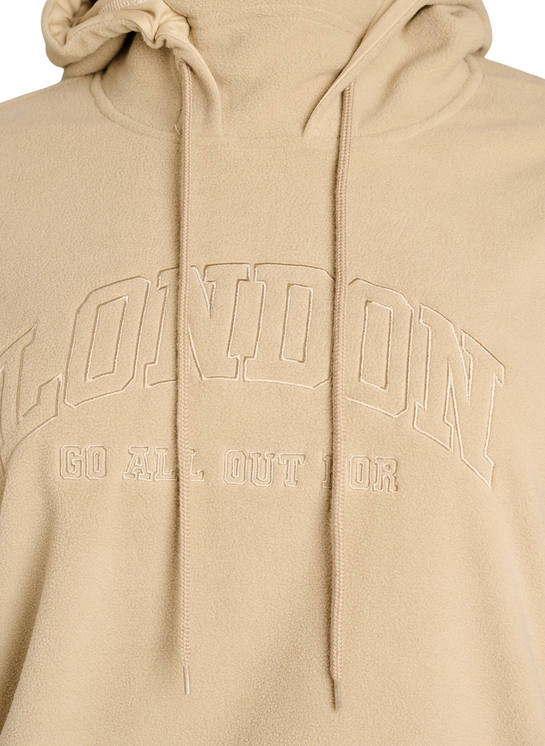ZizziFleece-huppari korkealla kauluksella ja brodeeratulla tekstill&auml;, Beige, Packshot image number 2