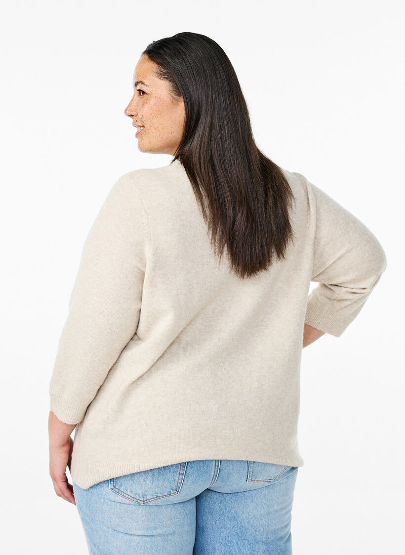 Kukkakuvioinen neulepusero 3/4-hihoilla, Pumice Stone Mel., Model image number 1