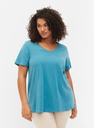 Yksivärinen perus t-paita puuvillasta, Brittany Blue, Model image number 0