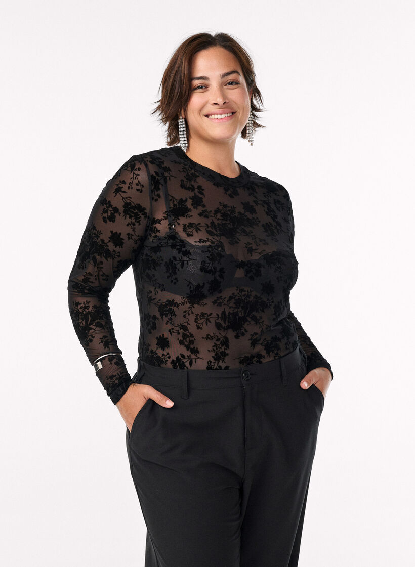 Mesh-pusero kukkakuviolla, Musta, Model image number 0