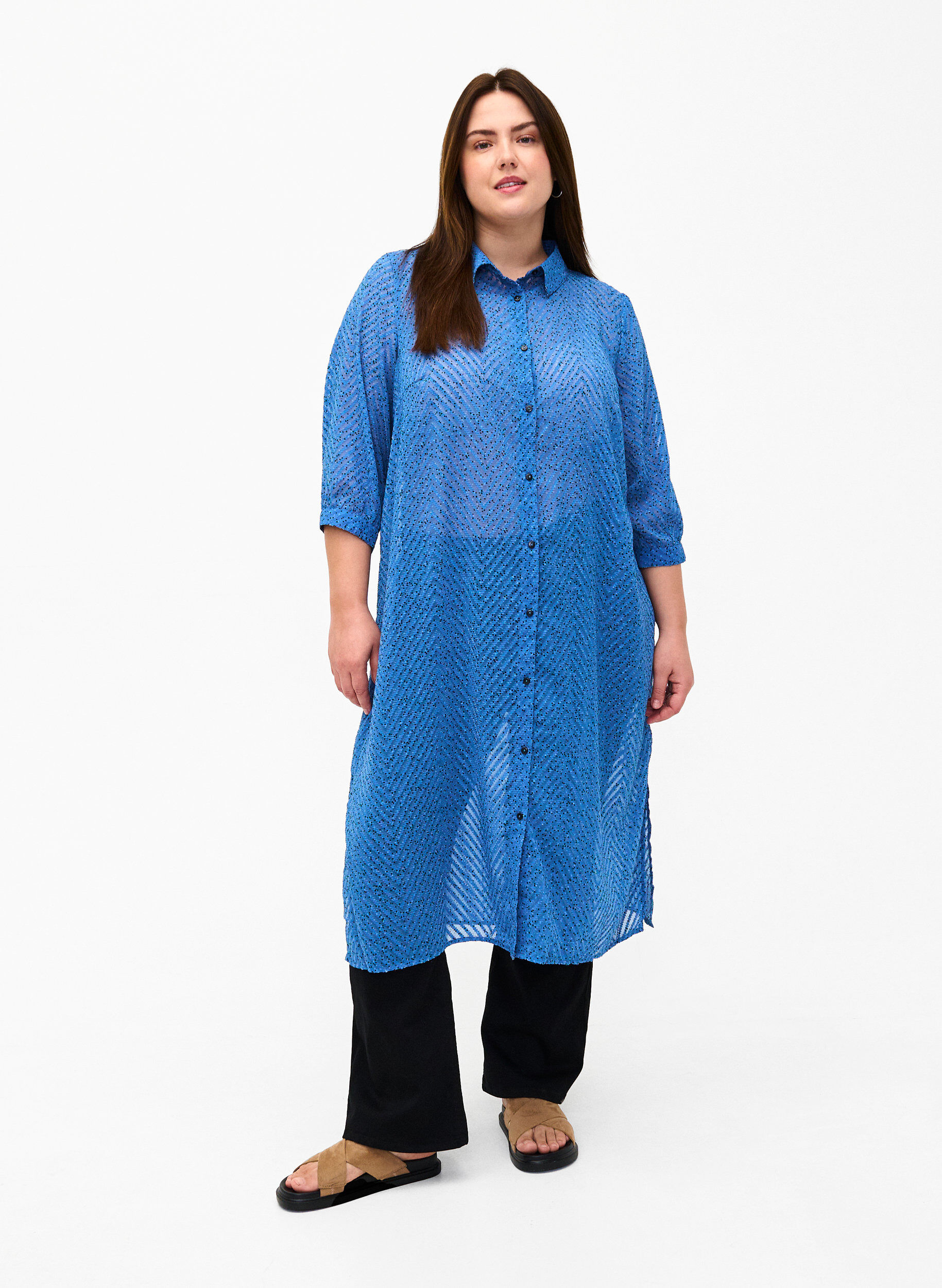 Zizzi Pilkullinen paitamekko 3/4-hihoilla ja halkiolla, Riverside Dot, Model image number 0