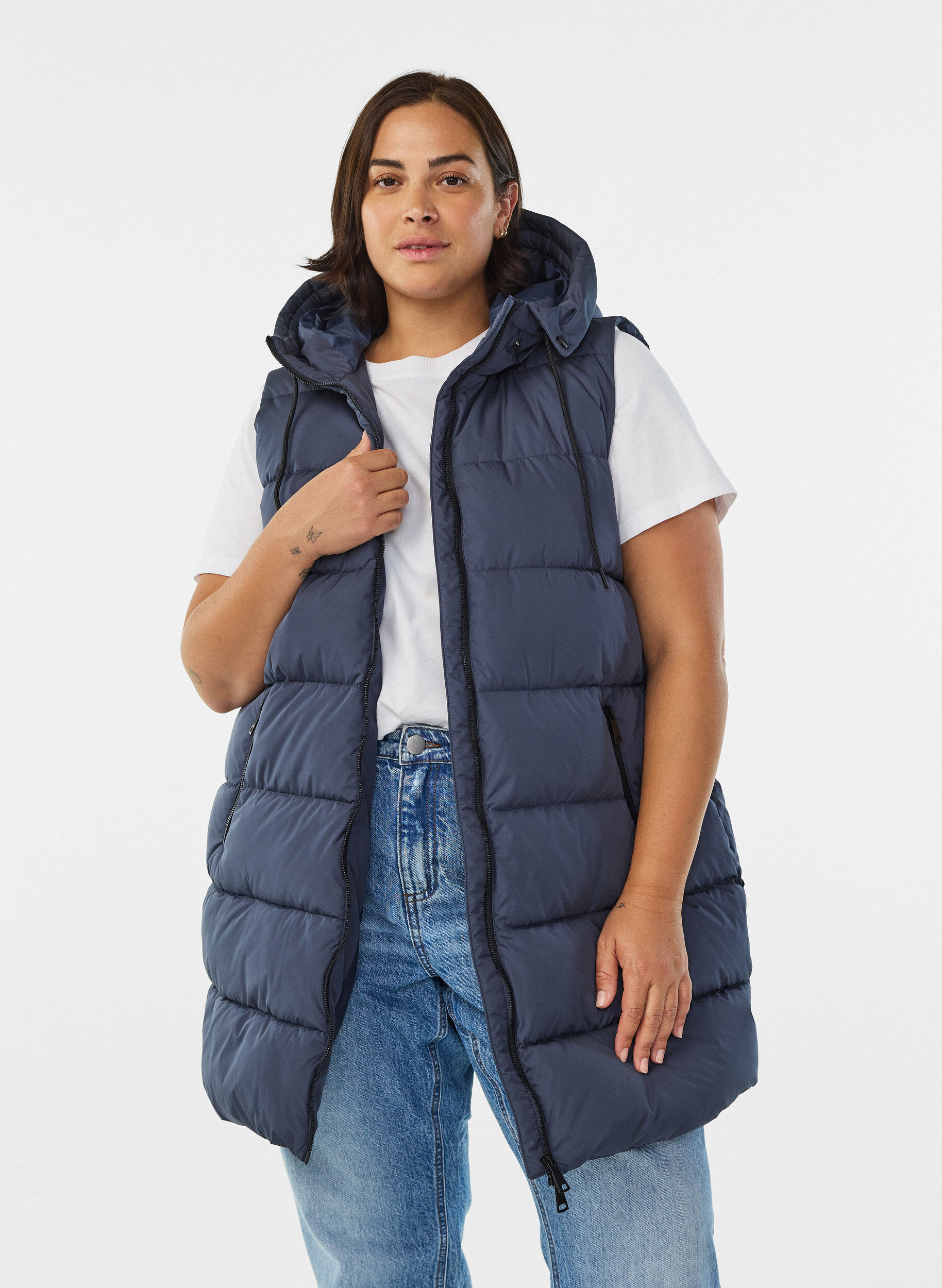 ZizziPitk&auml; liivi hupulla ja taskuilla, Sininen, Model image number 0