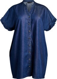 Denim -lookinen mekko nappikiinnityksell&auml; ja r&ouml;yhel&ouml;hihoilla, Sininen