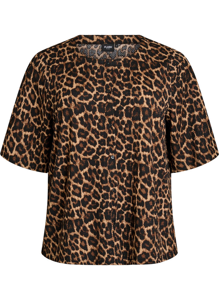 Lyhythihainen pusero tekstuurilla ja nappikiinnityksell&auml;, Musta, Packshot image number 0