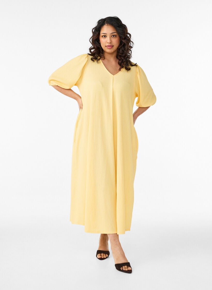 Midimekko V-p&auml;&auml;ntiell&auml; ja tekstuurilla, Keltainen, Model image number 0