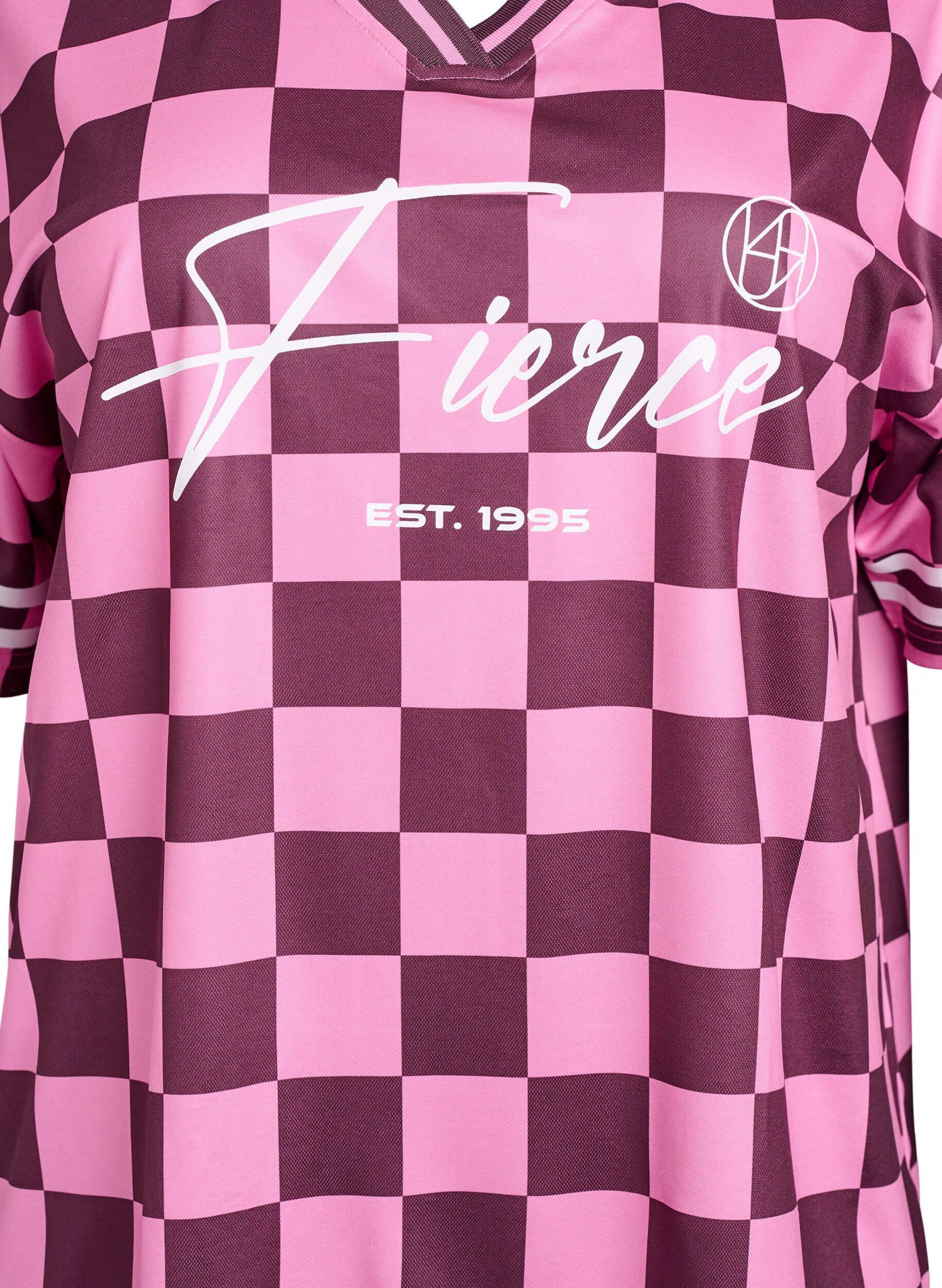 Zizzi Urheilullinen T-paita ruutukuvioilla ja tekstiprintill&auml;, Punainen, Packshot image number 2