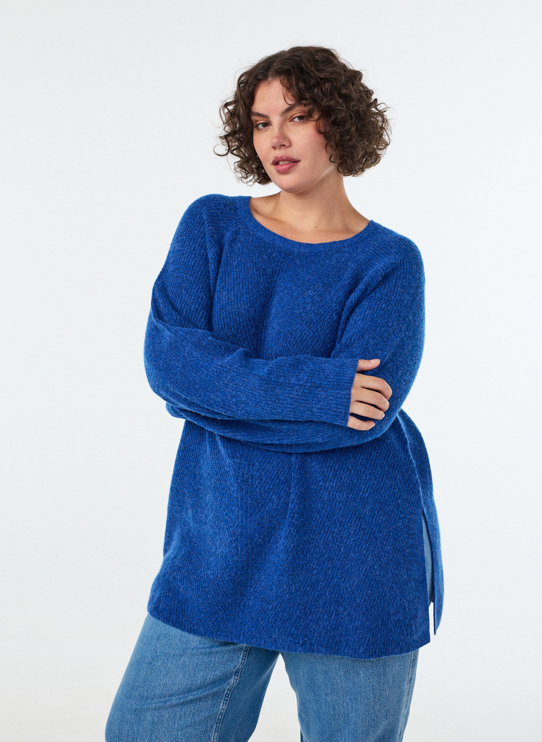 ZizziNeulepusero, jossa on vinoraitakuvio ja raglanhihat, Sininen, Model image number 0