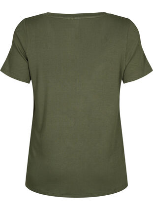 Ribatusta viskoosista valmistettu T-paita, jossa on v-pääntie, Thyme, Packshot image number 1