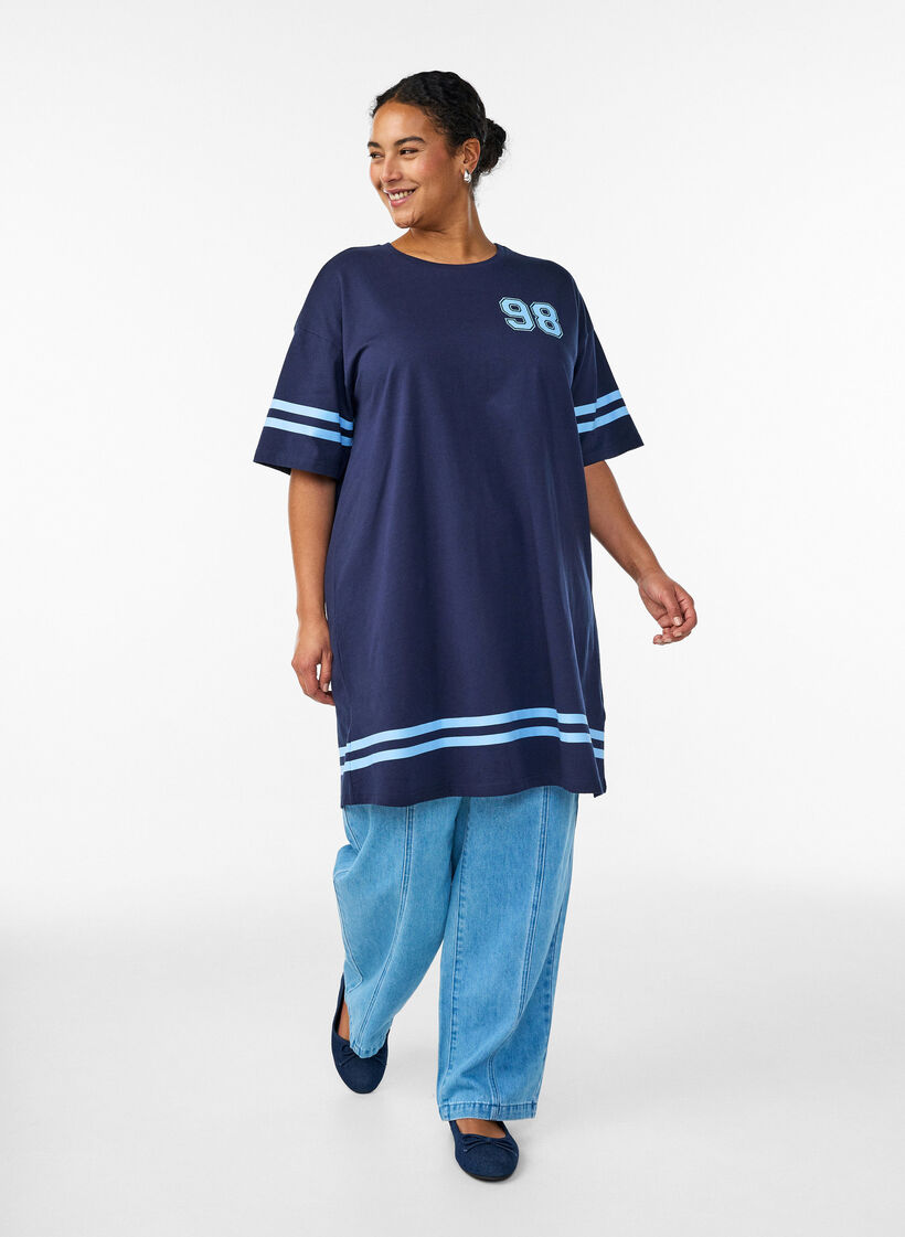 Lyhyt T-paitamekko sporttisilla yksityiskohdilla, Sininen, Model image number 1