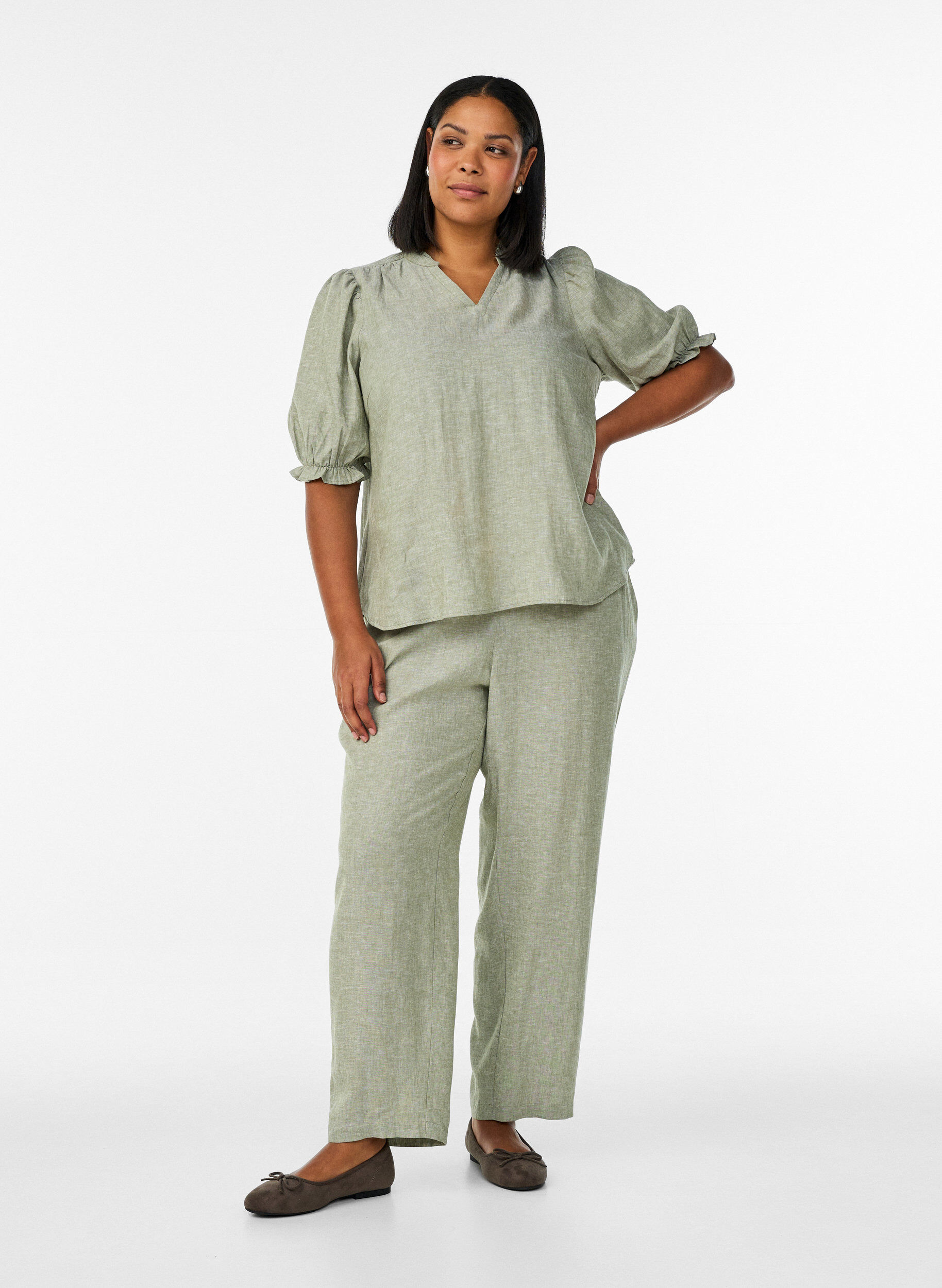 Zizzi Rennot housut pellavasta ja viskoosista, Vihre&auml;, Model image number 0