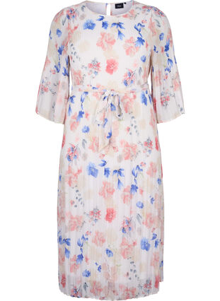 Kukkakuvioinen laskostettu mekko kiristysnauhalla, White/Blue Floral, Packshot image number 0