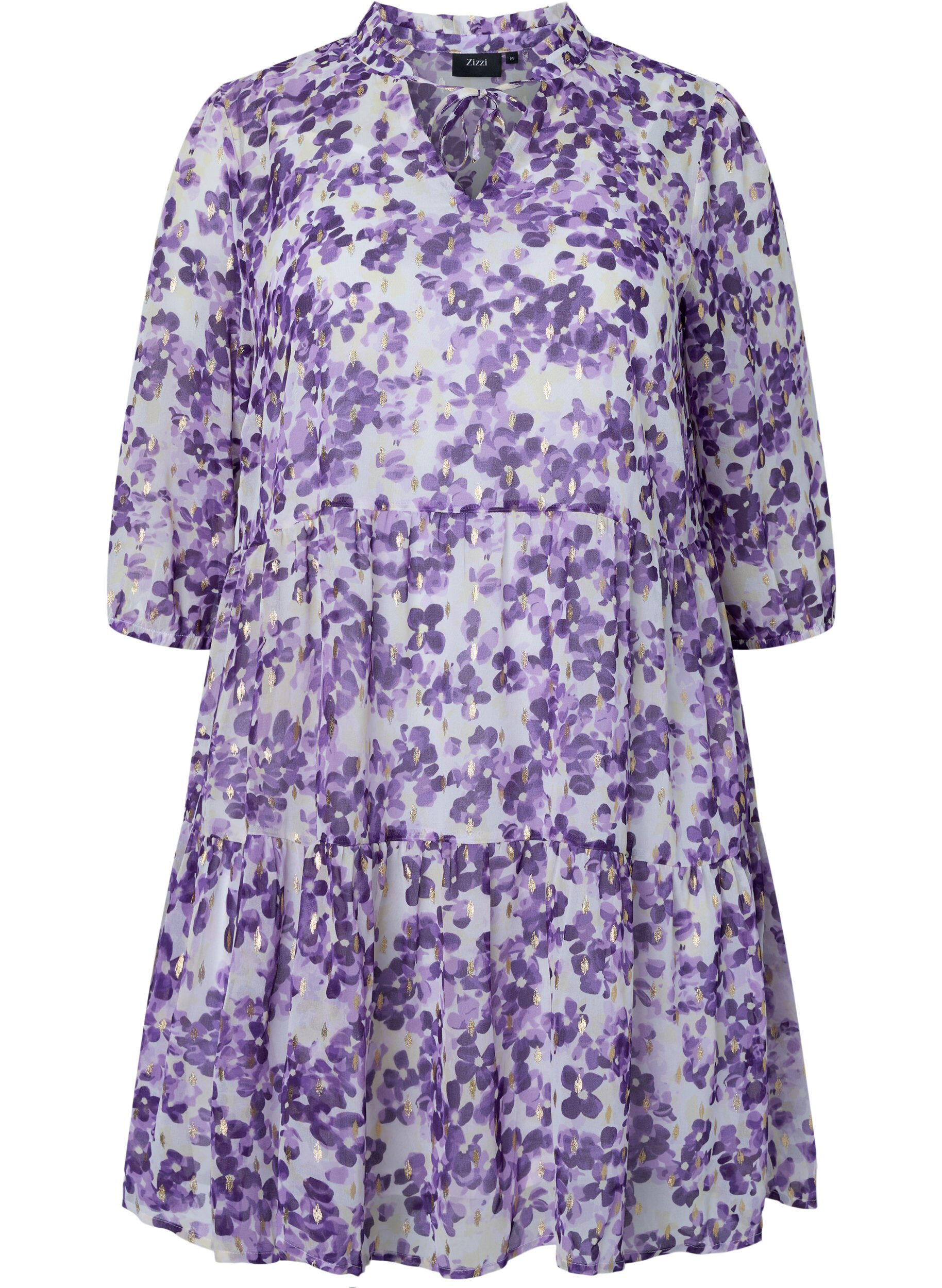 Zizzi Tunika kukkakuosilla ja lurexilla, Beige/Purple Flower, Packshot image number 0