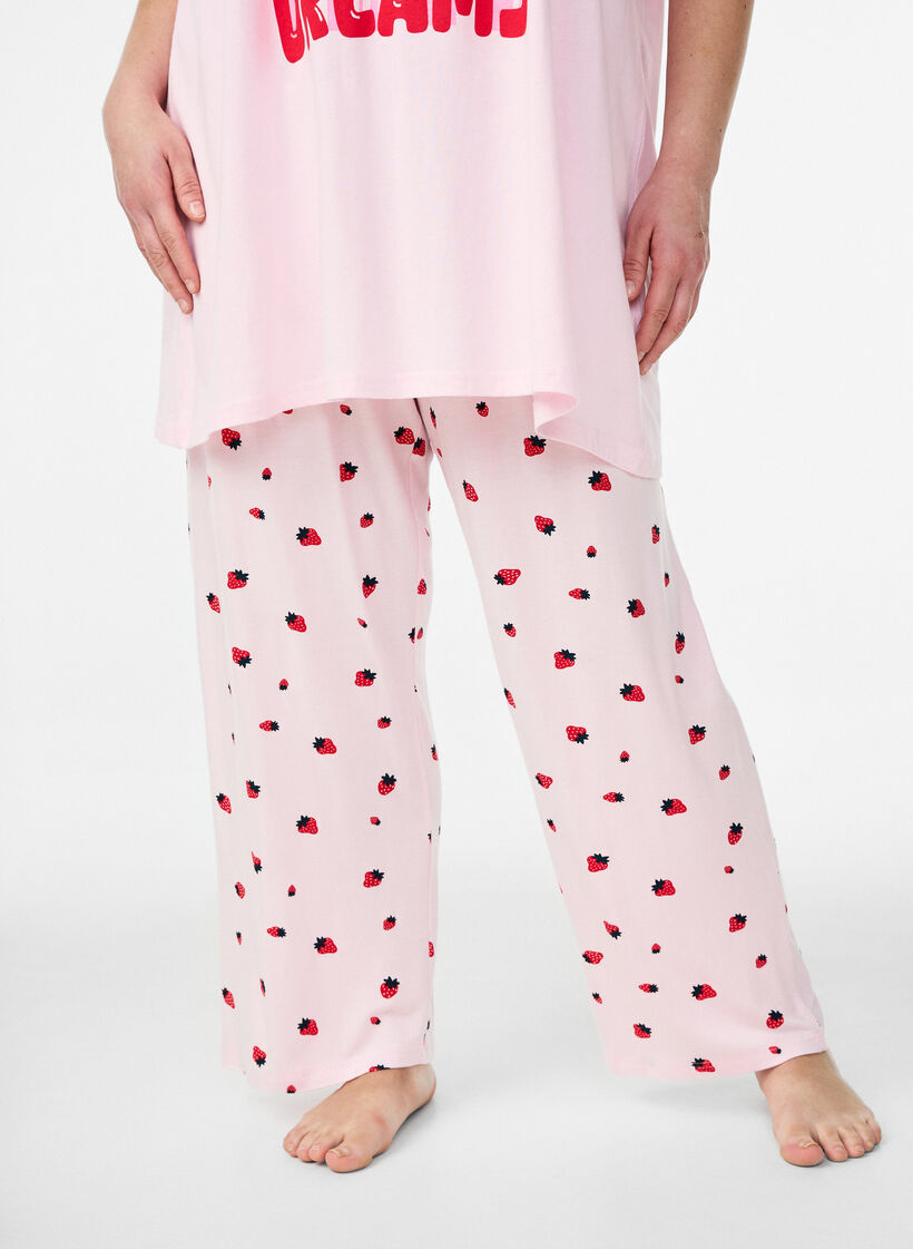 Pyjamahousut pehme&auml;st&auml; jersey-materiaalista, korkea vy&ouml;t&auml;r&ouml; ja hedelm&auml;kuosi, Vaaleanpunainen, Model image number 2