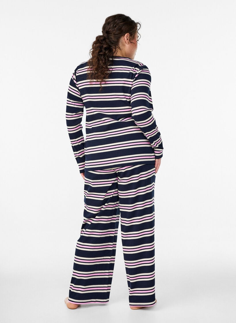 Raidalliset pyjamahousut leveill&auml; lahkeilla, Sininen, Model