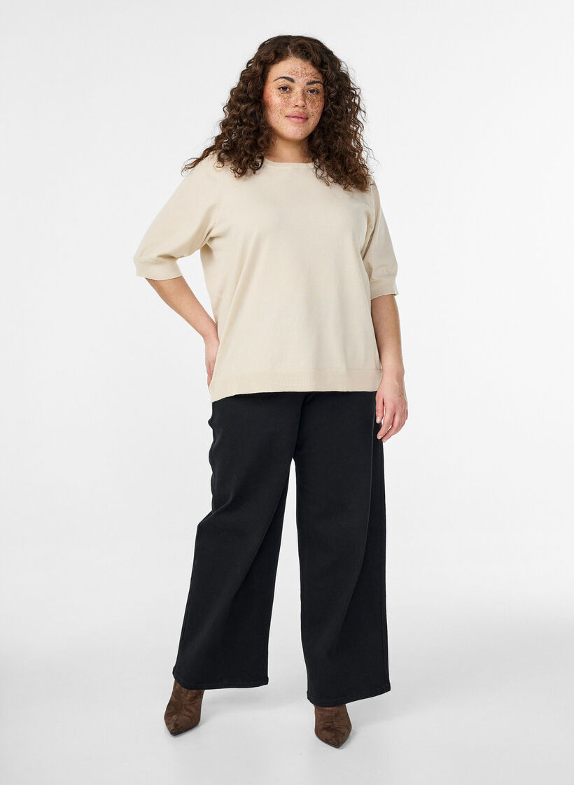 Hienoneulepusero lyhyill&auml; hihoilla, Beige, Model image number 1
