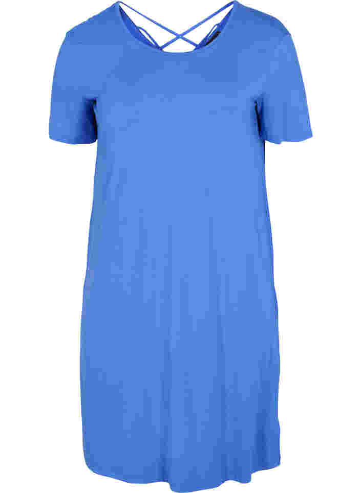 Lyhythihainen viskoosimekko selän yksityiskohdalla, Dazzling Blue, Packshot image number 0
