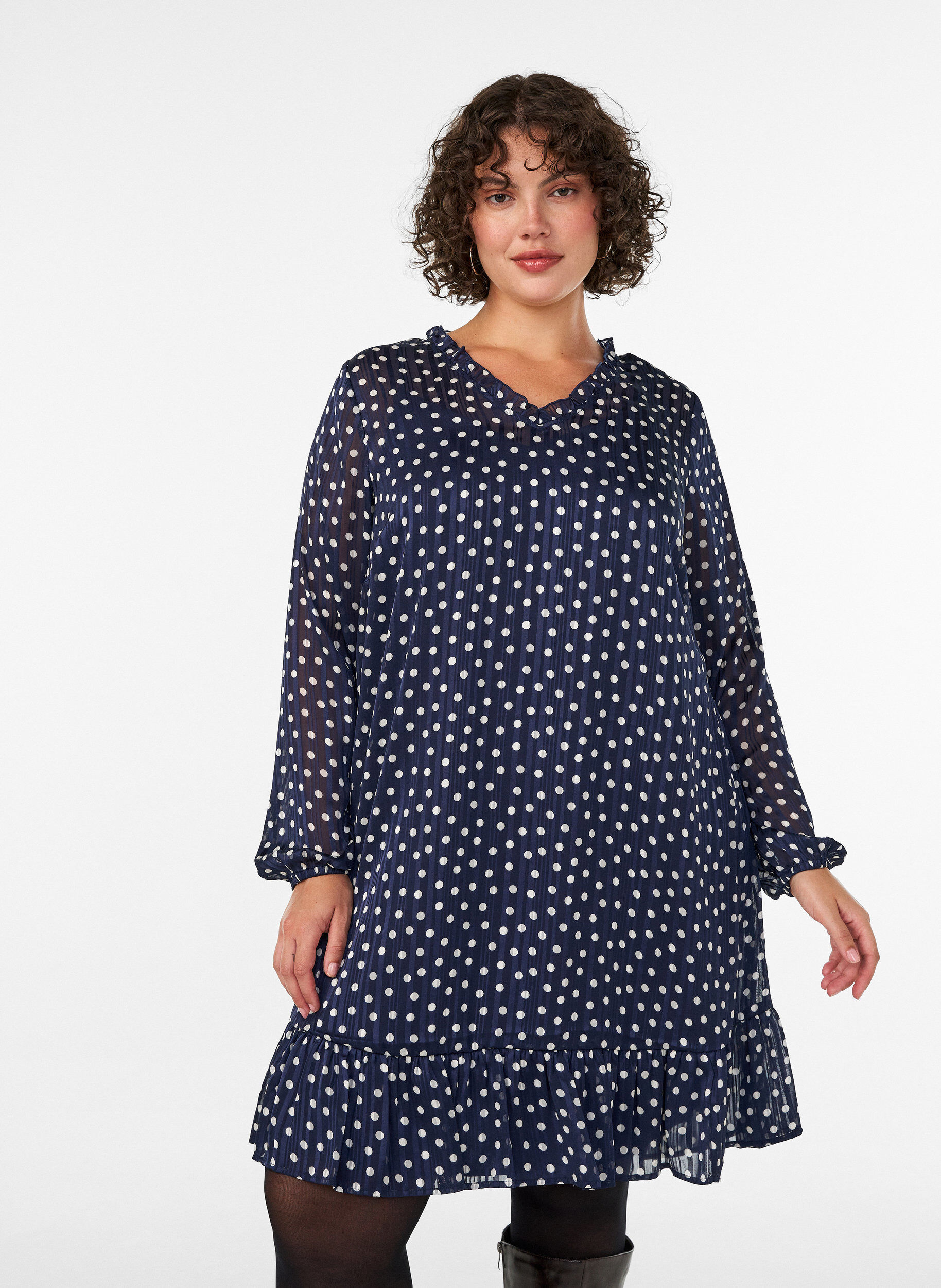 ZizziKuviollinen mekko r&ouml;yhel&ouml;ill&auml; ja pitkill&auml; hihoilla, Sininen, Model image number 0
