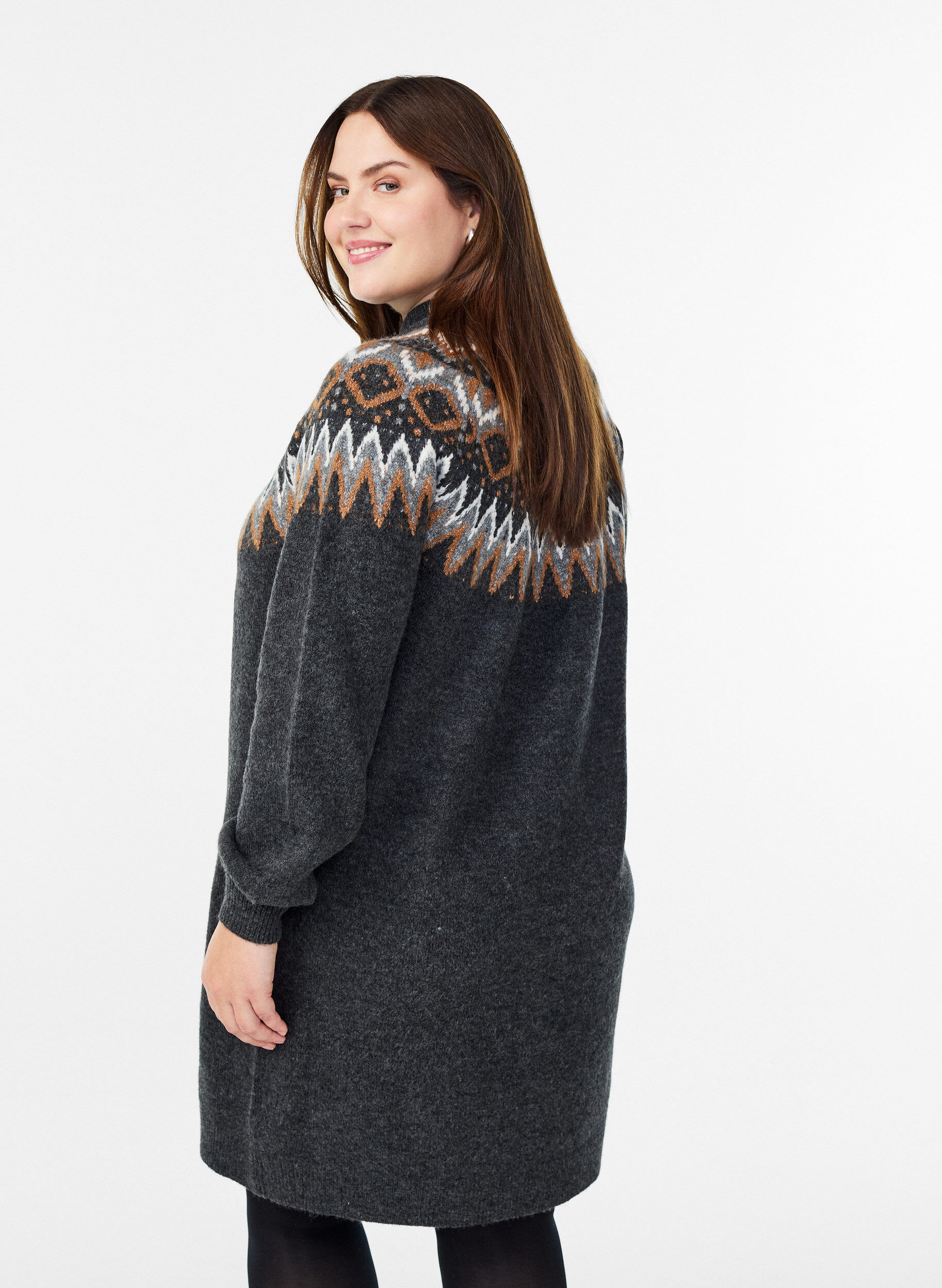 Zizzi Neulemekko jacquard-kuviolla ja pallohihoilla, Harmaa, Model image number 2