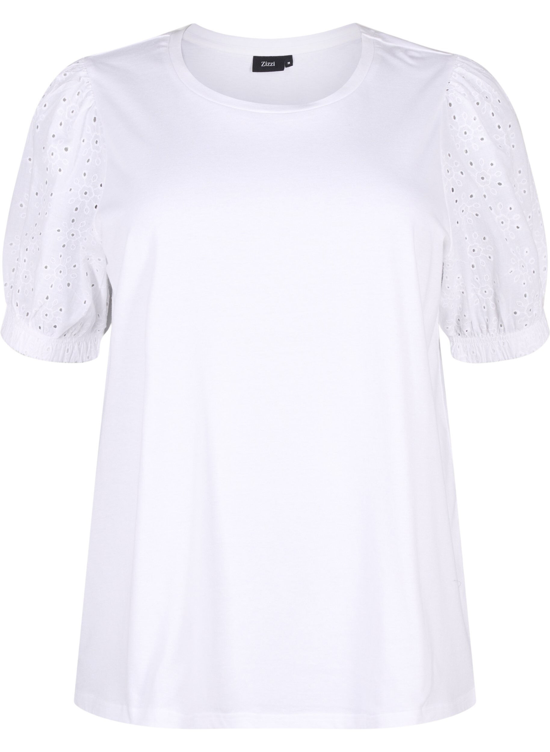 Zizzi Orgaanisesta puuvillasta valmistettu pusero, jossa on broderie anglaise -hihat, Bright White, Packshot image number 0